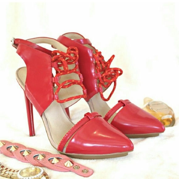 GX Gwen Stefani Y2K Streetwear Chiyo heels RED Lace up Ankle Wrap Stilettos 9 - Picture 2 of 9